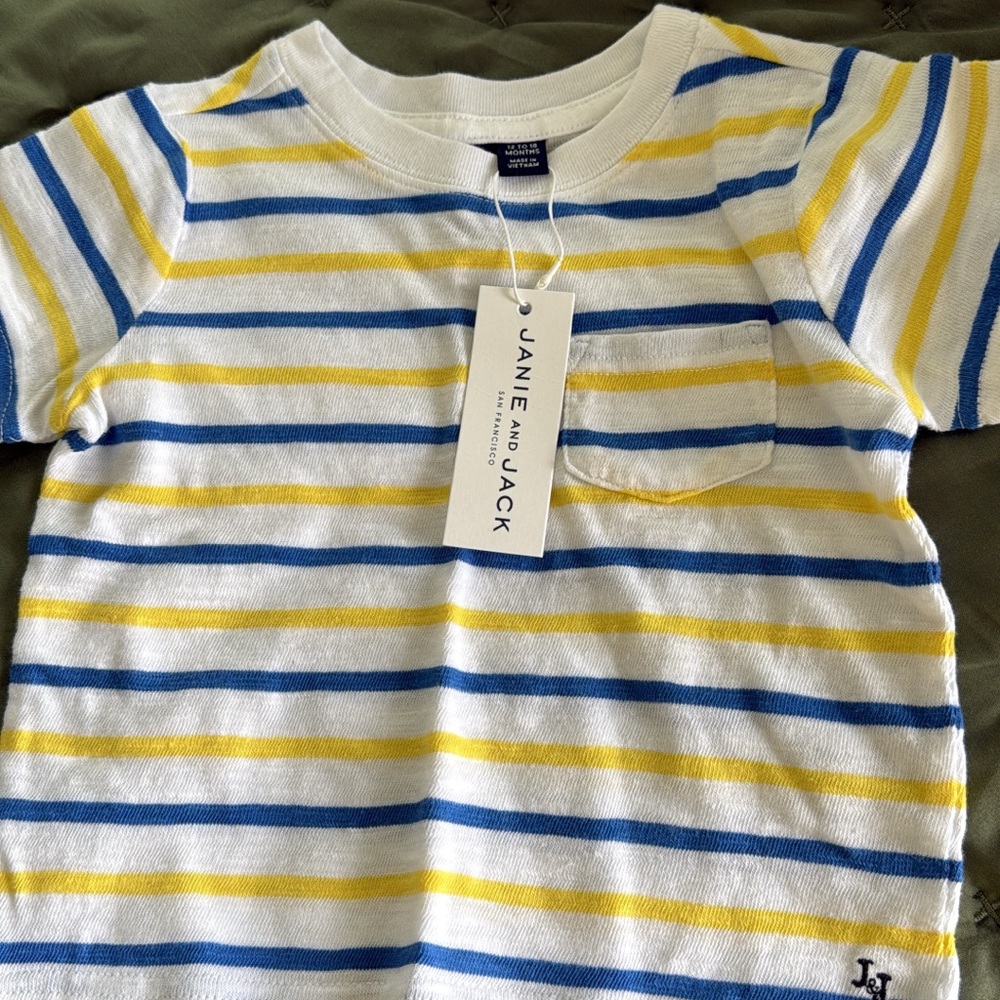Janie and Jack Boys' White Striped Tee in Blue & Yellow 12-18 months